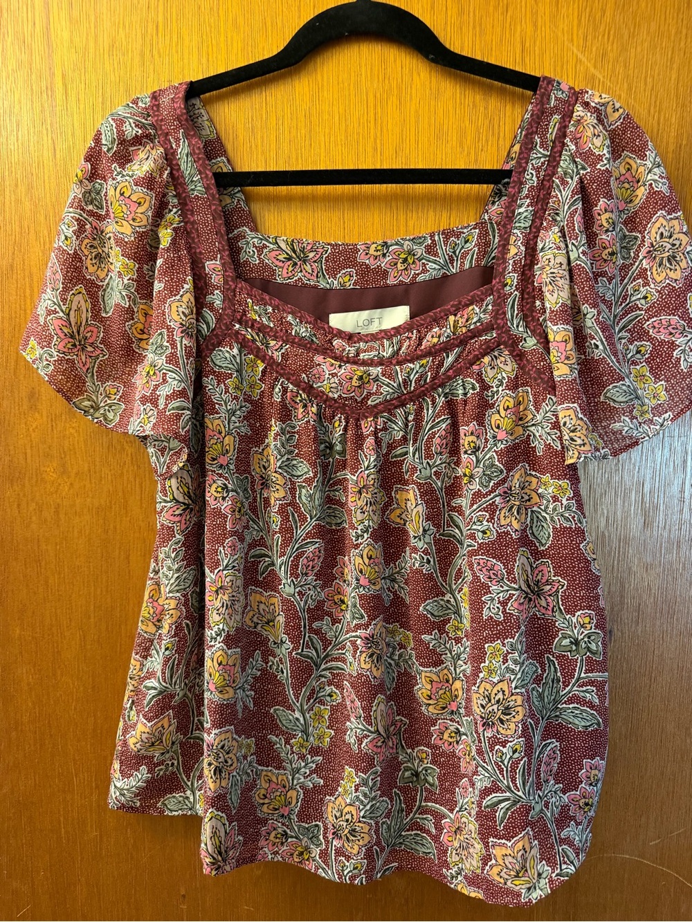 LOFT Burgundy Floral Square-Neck Boho Blouse